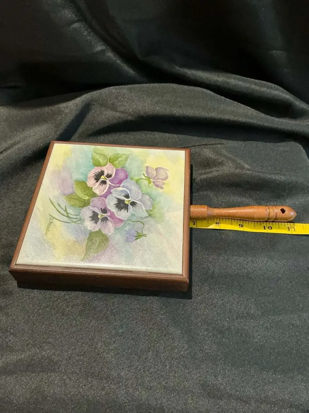 Franciscan Tile Wooden Handle Trivet Pansies J. Rhodin